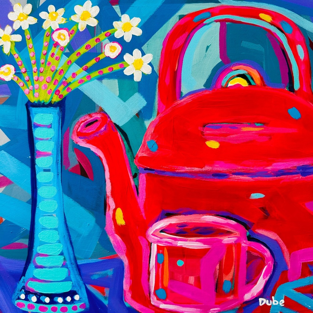 Modern Abstract Red Teapot Cup & Flowers 12"x 12" Cradled Wood Panel